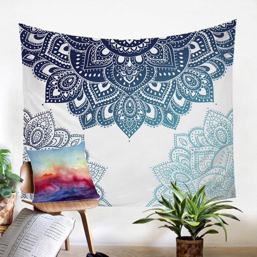 Tapisserie tenture ethnique blanche fleur de lotus bleu